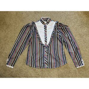 CIRCLE T Vintage Button Shirt Rainbow Stripe Peasant Sleeve Western Equestrian M